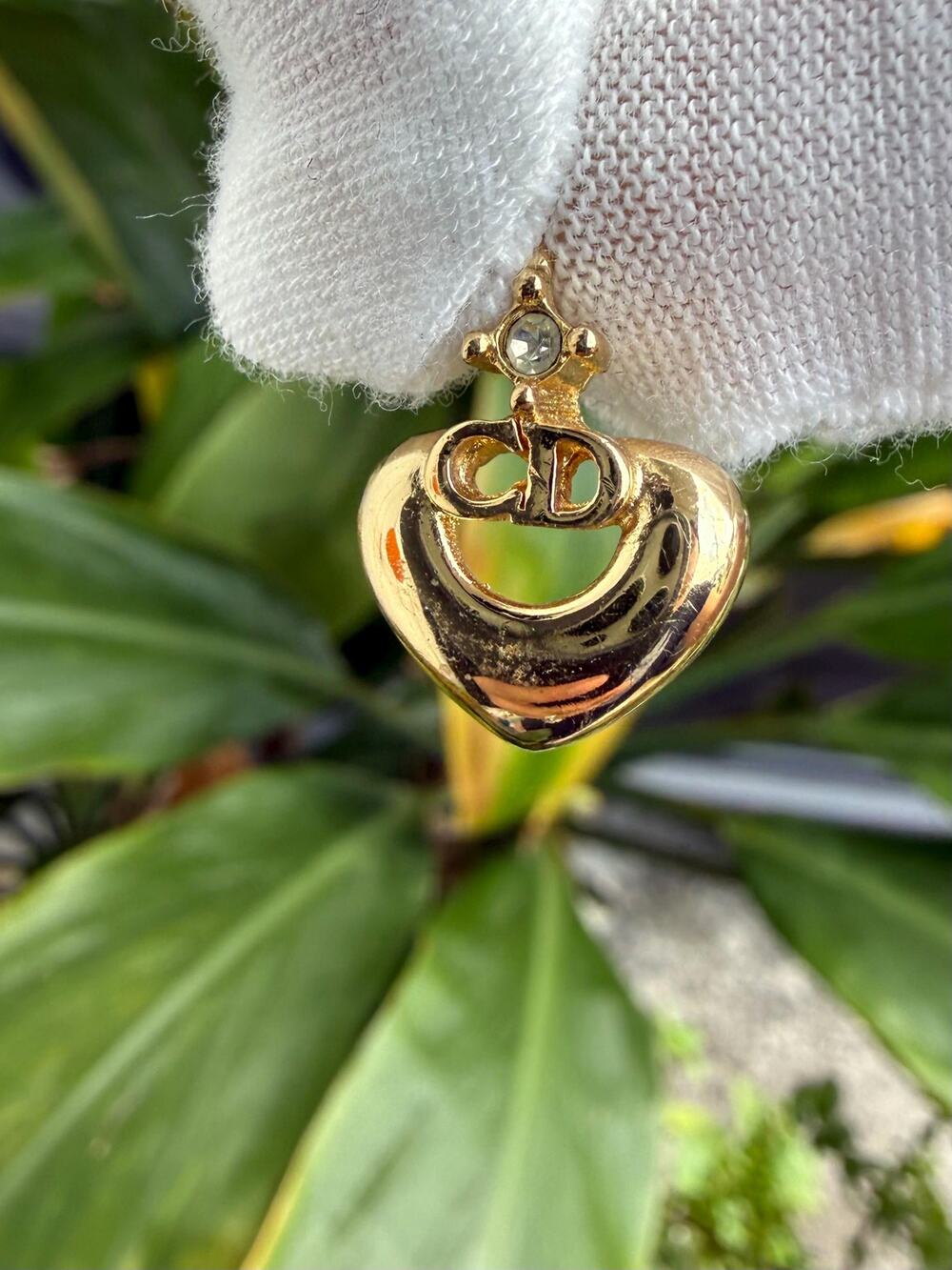 Vintage Christian Dior CD Heart Charm Pendant Gold Plated Rhinestone Accent